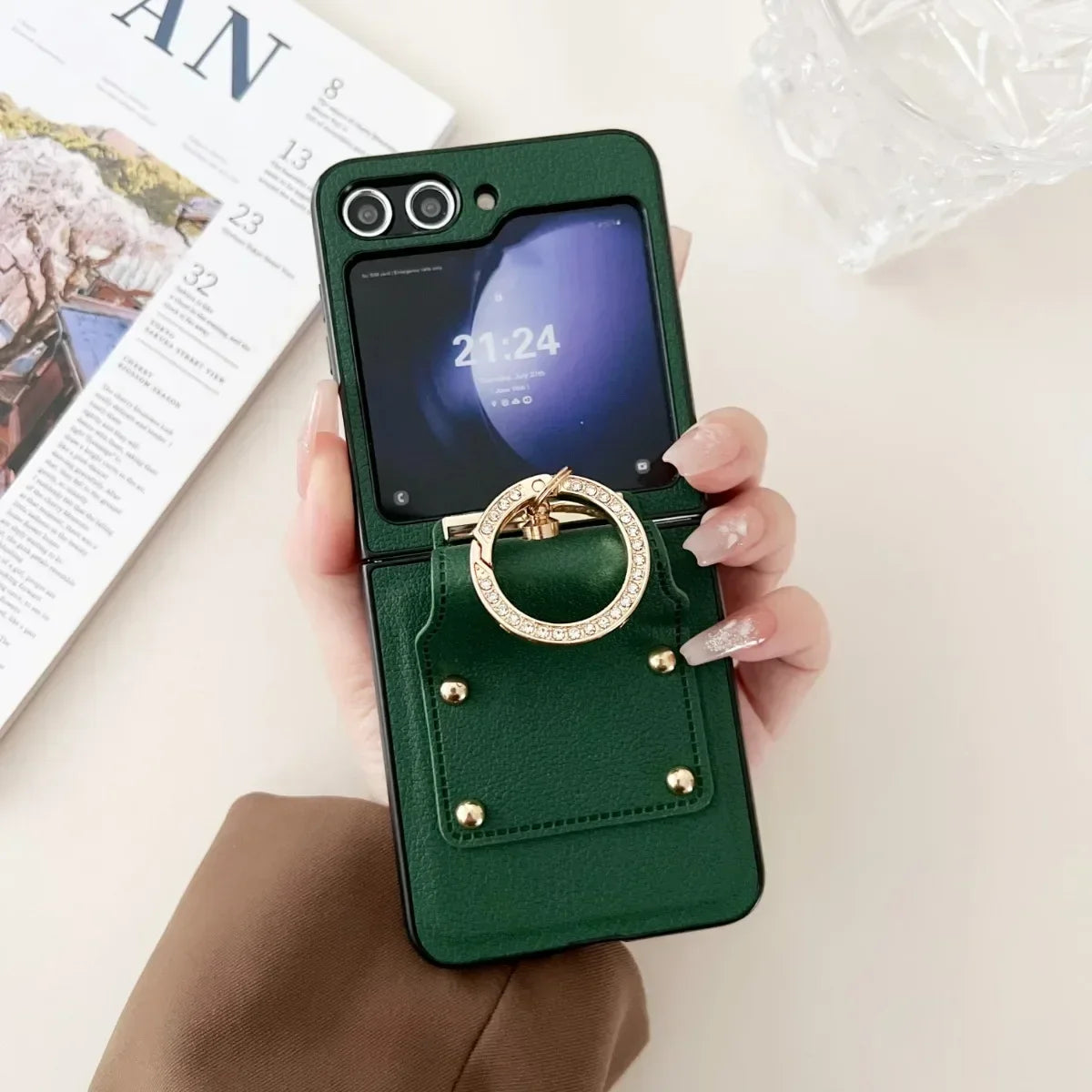 Fashion Leather Ring Holder Phone Case For Samsung Galaxy Z Flip 7 6 5 4 3 Zflip7 5G Folding Hinge Protection Shockproof Cover