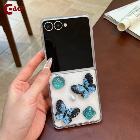 Black Blue Butterfly Glitter Transparent Case for Samsung Galaxy Z Flip 8 7 6 5 flip 7FE zflip8 Resin Dripping Pearl Clear Cover