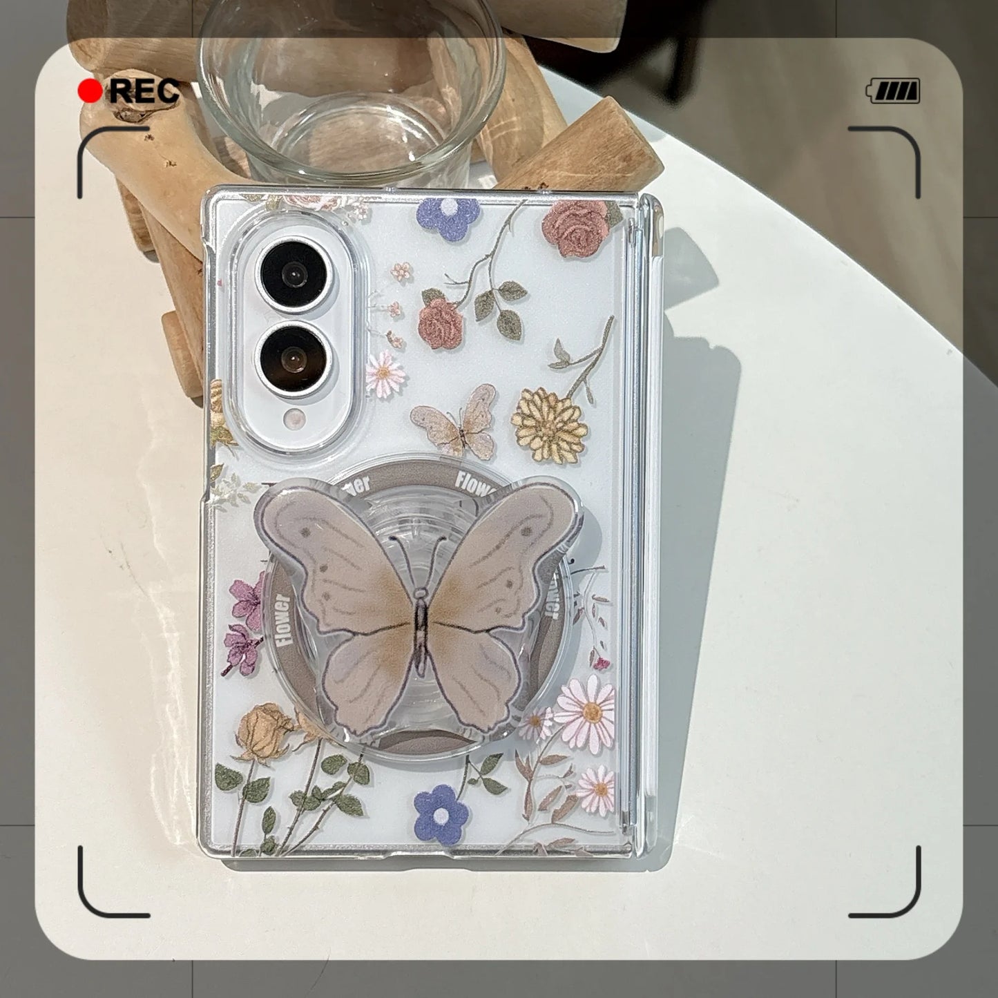 Retro Dual Magnetic Flower Pattern Transparent Case with Butterfly Bracket for Samsung Galaxy Z Fold 8 Wide Z Fold 8 Back Cover
