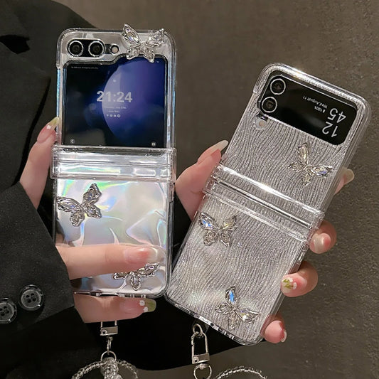 Glitter 3D Butterfly Case for Samsung Galaxy Z Flip 3 4 5 6 7 5G Flip6 Flip7 Protection Flip5 3-PIECE Set Hinge Fashion Cover