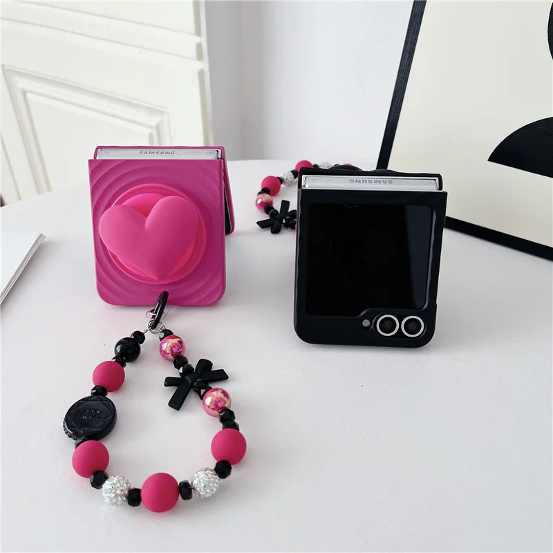 Water Ripple Texture Magnetic Love Stand Phone Case For Samsung Galaxy Z Flip 7 6 5 Flip6 Flip5 Flip7 Cover with Chain Cute Capa