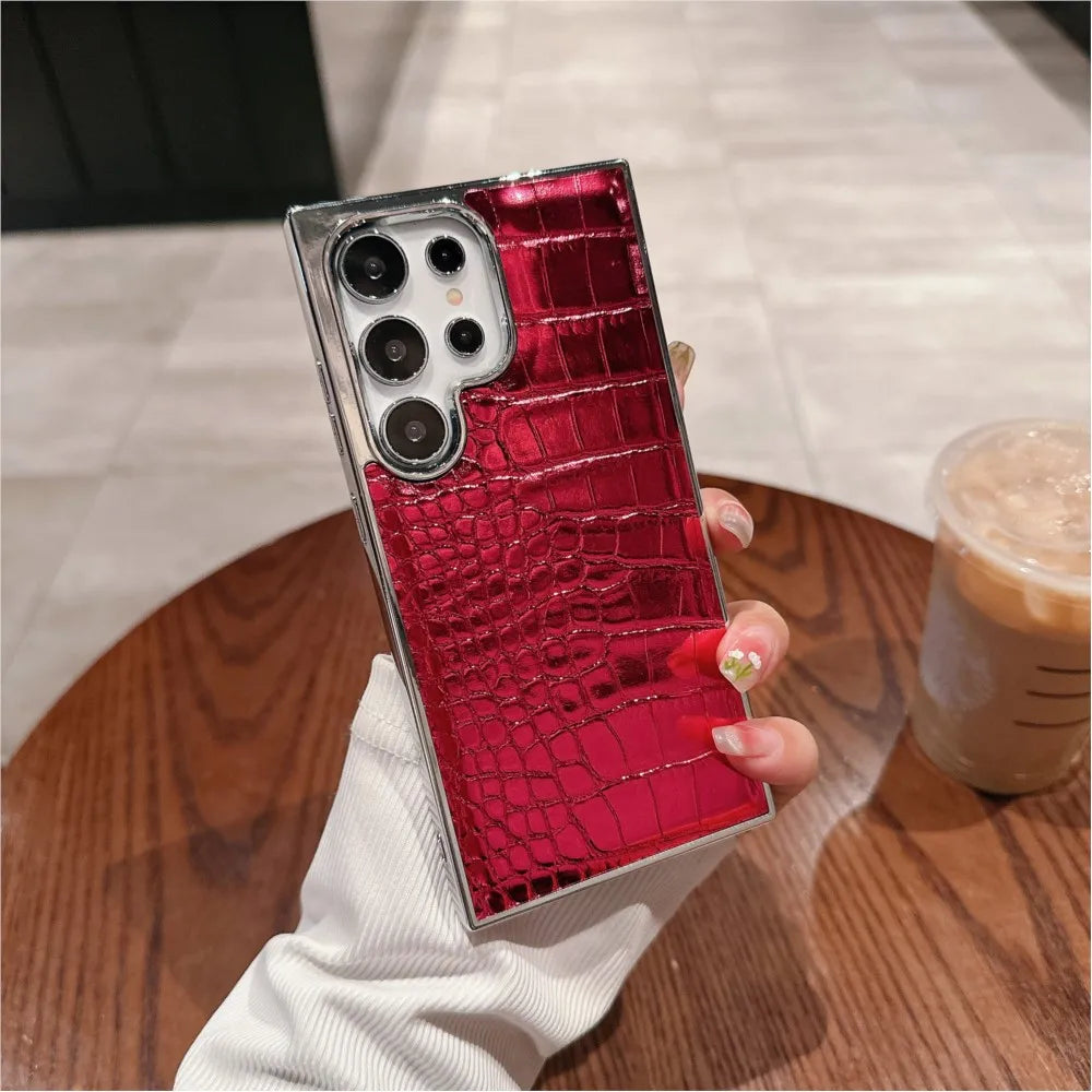 Luxury Gradient Crocodile Pattern Leather Laser Case For Samsung Galaxy S25 S24 S23 Ultra Plus Aurora Color Plating Hard Cover