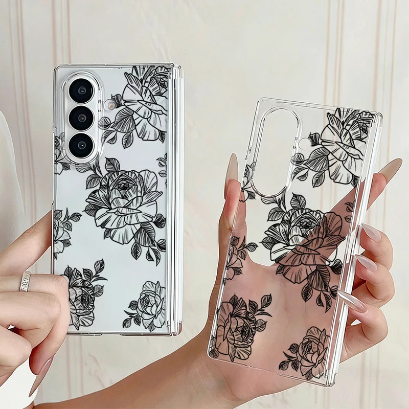Magnetic Adsorption Clear Phone Case For Samsung Galaxy Z Fold 7 6 5 Fold7 Fold6 Fold5 5G Flowers Pattern Shockproof Hard Cover