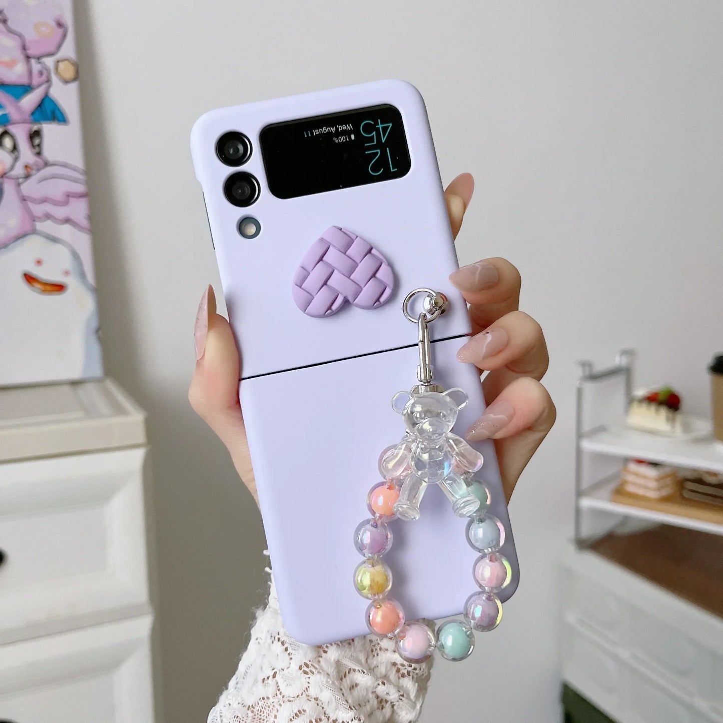 Cute Bear Colorful Beads Bracelet Case For Motorola Razr 40 Ultra 50 Ultra 2023 Plus 2024 Plus Candy Color Heart Hard PC Cover