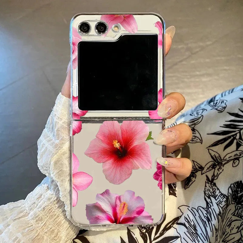 INS Pink Lily Flower Pattern Phone Case For Samsung Galaxy Z Flip 7 6 5 3 4 Hibiscue Clear Hard PC Folding Cover For Z Flip 5