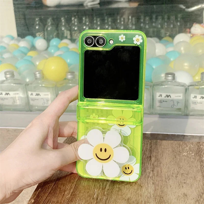 Phone Case For Samsung Galaxy Z Flip 7 FE 6 5 4 3 Fluorescent Green Insert Cards Cute Flower Stand Bracelet Shockproof Cover
