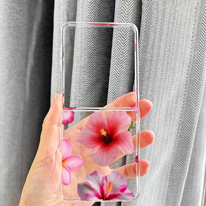 INS Pink Lily Flower Pattern Phone Case For Samsung Galaxy Z Flip 7 6 5 3 4 Hibiscue Clear Hard PC Folding Cover For Z Flip 5