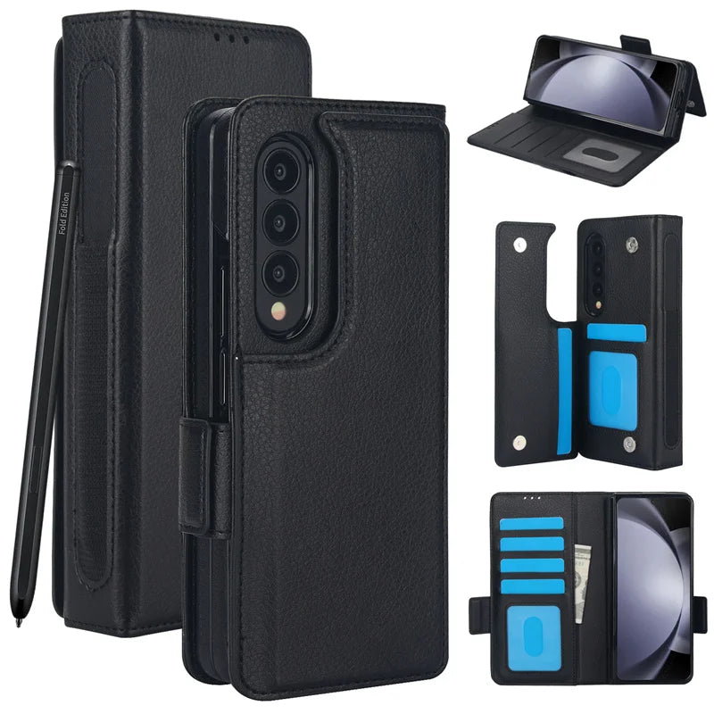 For Samsung Galaxy Z Fold 7 6 Leather Foldable Card Insert Pen Slot Phone Case For Z Fold5 Z Fold 3 4 Flip MultiFunctional Stand