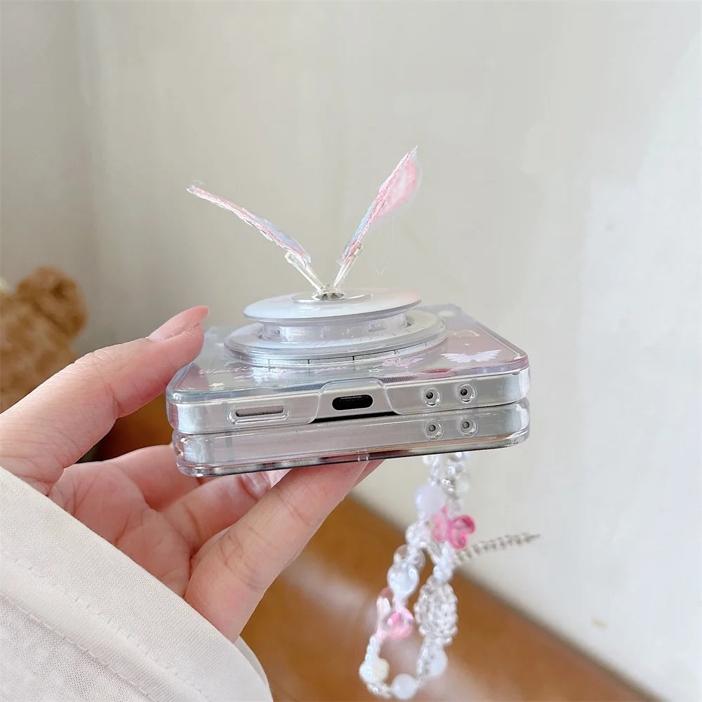 Korean Ins Cute Butterfly Magnetic Phone Case for Samsung Galaxy Z Flip6 7 FE Flip7 6 5 Flip5 4 3 Cover With Magsafe Stand Chain