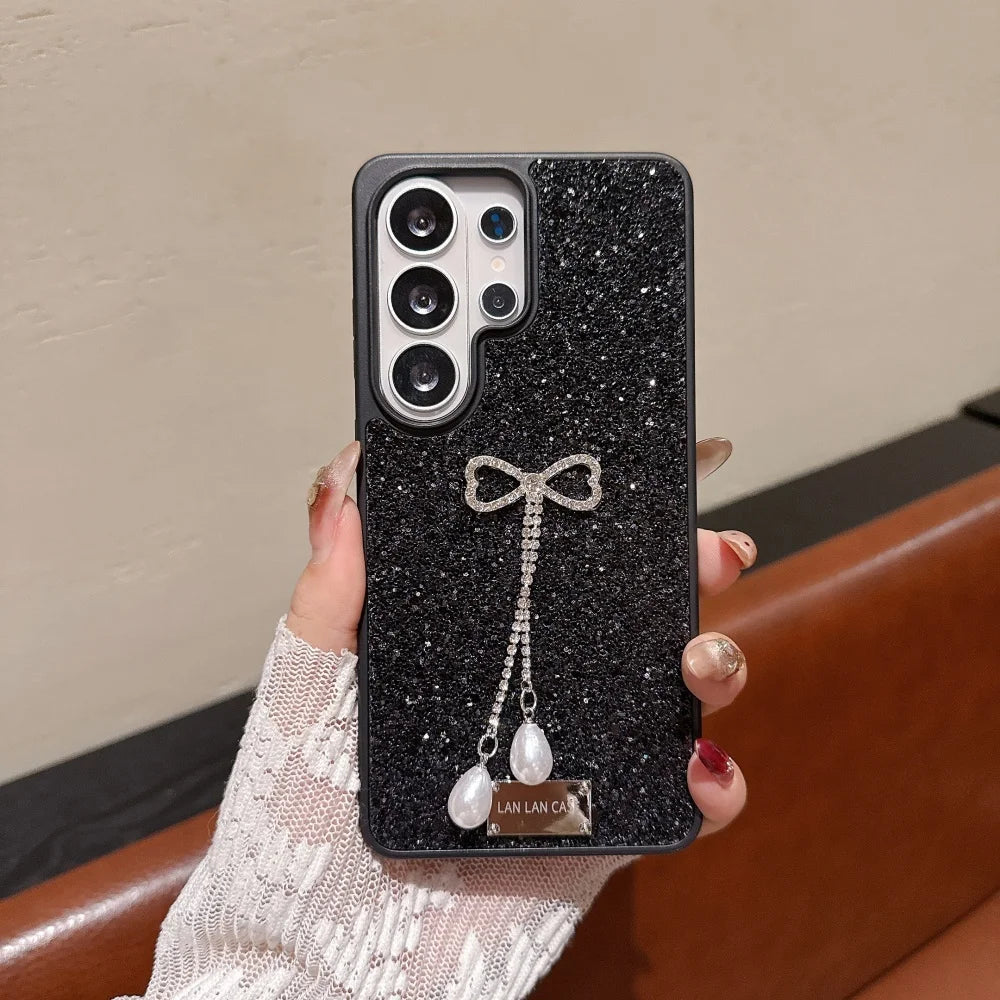 Diamond Bowknot Pearl Pendant Glitter Phone Case for Samsung Galaxy S26+ S23 S24 S25 S26 Ultra Plus TPU Bumper Shockproof Cover