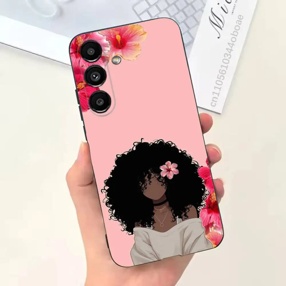 Afro Black Girls Cartoon Phone Case For Samsung S25,24,21,22,23,20,S30,Ultra,Plus,Fe,Lite,Note,5G Black Cover