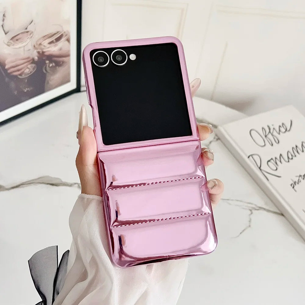 Korean Ins Glossy Leather Down Jacket Phone Case For Samsung Galaxy Z Flip 7 6 5 4 3 Solid Color Shockproof Protetion Back Cover