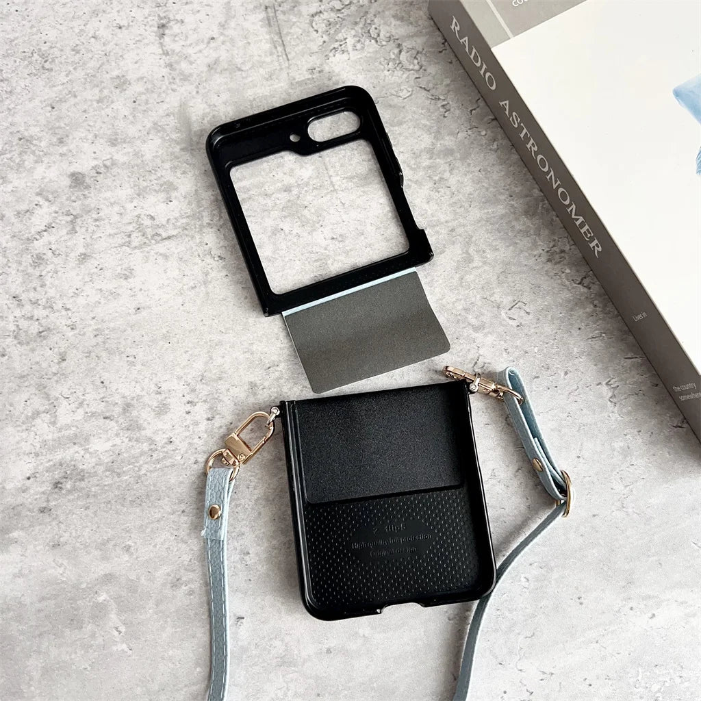 Luxury Crossbody Lanyard Rhombus Pattern PU Leather Phone Case For Samsung Galaxy Z Flip 8 7 FE 6 5 4 5G Hinge Protector Cover