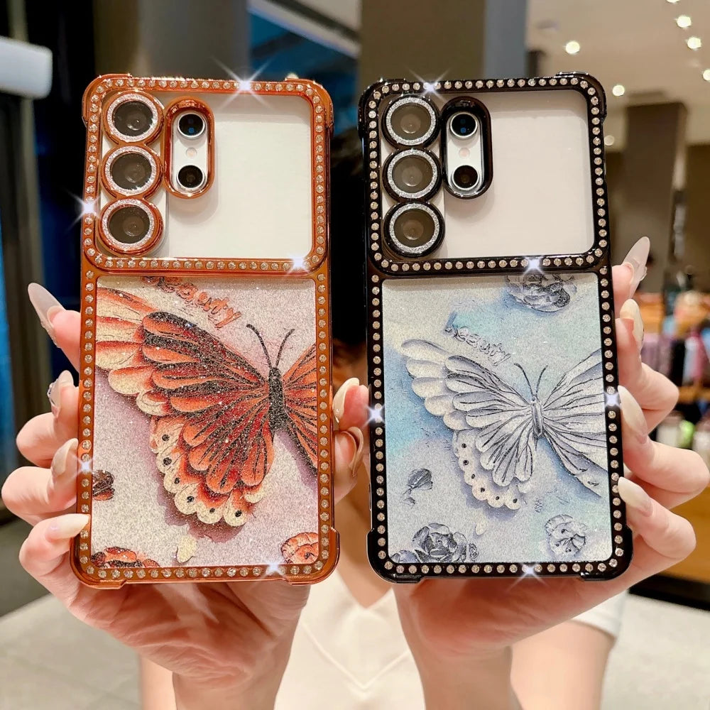 Bling Glitter Diamond Butterfly Phone Case For Samsung Galaxy S26 S25 S24 S23 S22 Ultra Lens Protection Plating Shockproof Cover