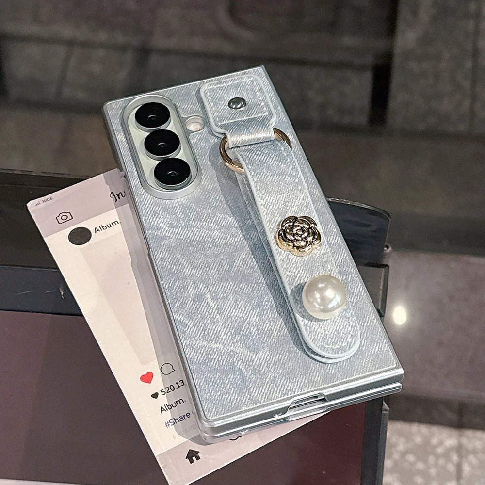 Simple Denim Wrist Strap Case for Samsung Galaxy Z Fold 7 6 5 4 3 Flower Pearl Phone Holder Phone Cover Bumper Fundas