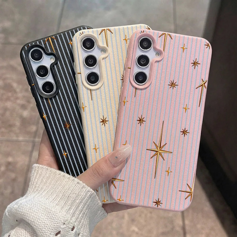 Phone Case for Samsung Galaxy S26 S25 S23 Ultra S24 FE A57 A56 A55 A54 5G A07 A06 4G Stripe Gold Star Textured Surface Anti-drop