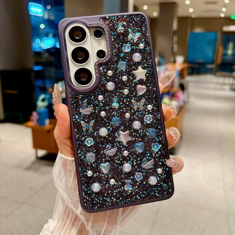 Luxury 3D Pearl Star Glitter Phone Case For Samsung Galaxy S26Ultra S25Ultra Korean Girl Shockproof Protection Back Cover