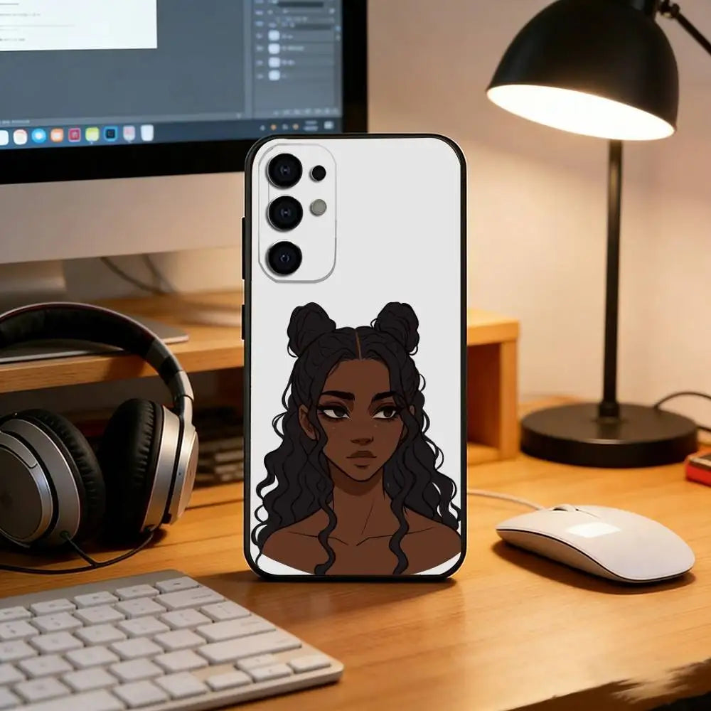 Cartoon African Black Girl Phone Case For Samsung S25,S24,S21,S22,S23,S30,Ultra,S20,Plus,Fe,Soft Silicone Black Cover