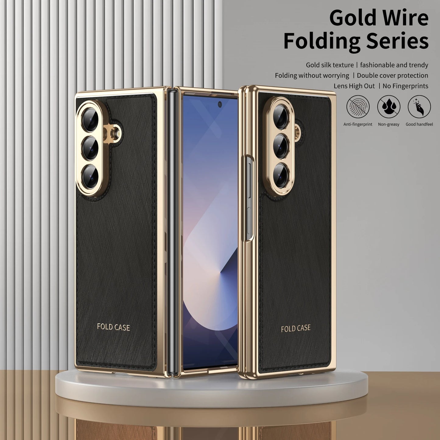 Golden Border Leather Phone Case with Steel Film for Samsung Galaxy Z Fold 7 6 5 4 3 Fold6 Hinge Protection Shockproof Cover