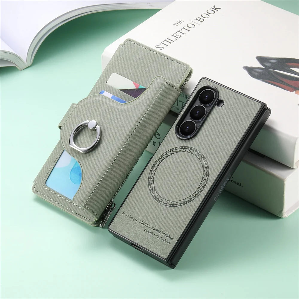 2 in 1 Detachable Magnetic Phone Case for Samsung Galaxy Z Fold 7 6 5 4 Fold7 Fold6 Ring Zipper Wallet Leather Protective Cover