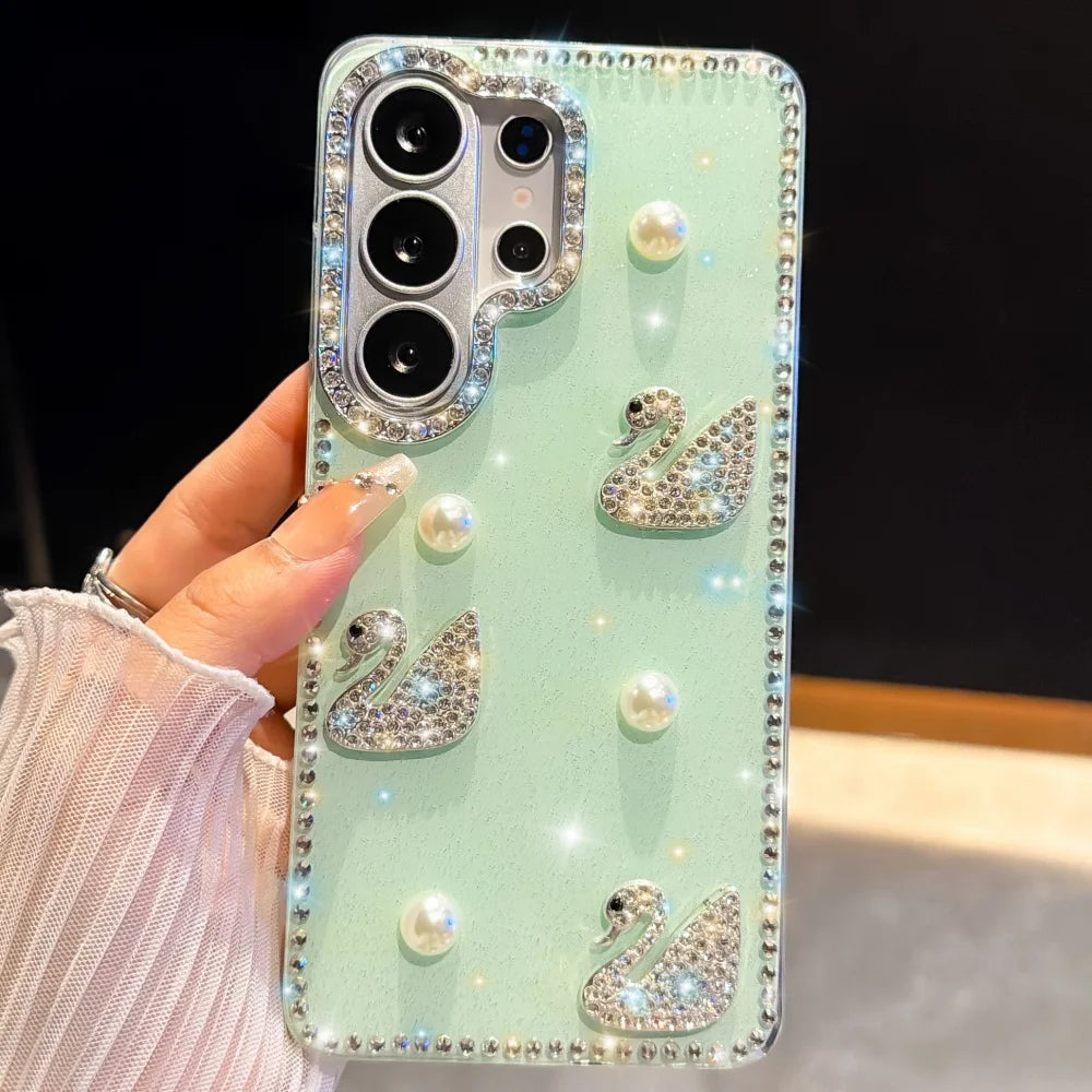 Luxury Diamond Swan Cover For Samsung Galaxy S26 Ultra S26 Plus Laser Heart Case For Samsung S23 S24 Ultra S25 Plus Pearl Case