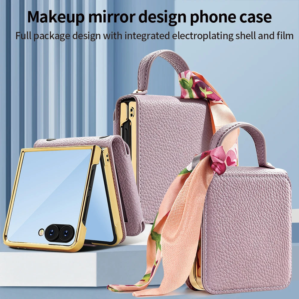Wrist Strap Lychee Patterned Leather Case for Samsung Z Flip 8 7 6 5 4 Shockproof Screen Protector with Built-in Mirror Cover