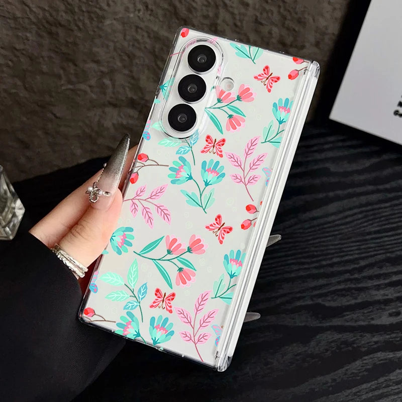 Magnetic Adsorption Phone Case For Samsung Galaxy Z Fold 7 6 5 Fold7 Fold6 Fold5 5G Flower Floral Pattern Clear Shockproof Cover