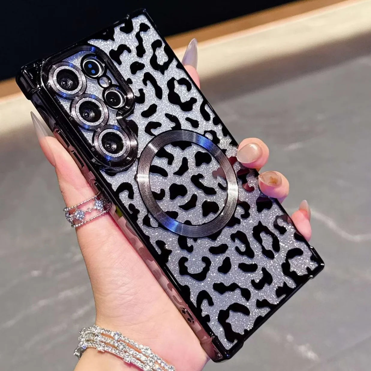 Luxury Leopard Pattern Magnetic Case For Samsung S26 Ultra S26 Plus Gradient Glitter Cover For Galaxy S25 Ultra Plating Case