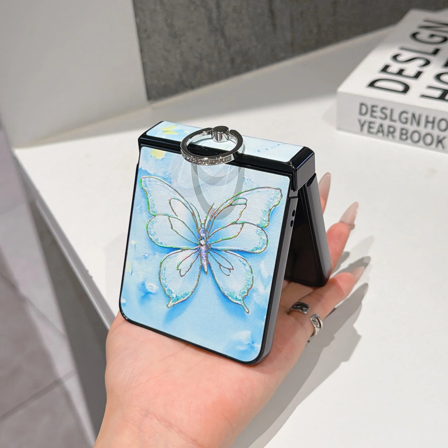 Hot Stamping Butterfly PU Leather Phone Case for Samsung Galaxy Z Flip 7 FE 6 5 4 3 Flip7 Ring Hinge Protective Cover