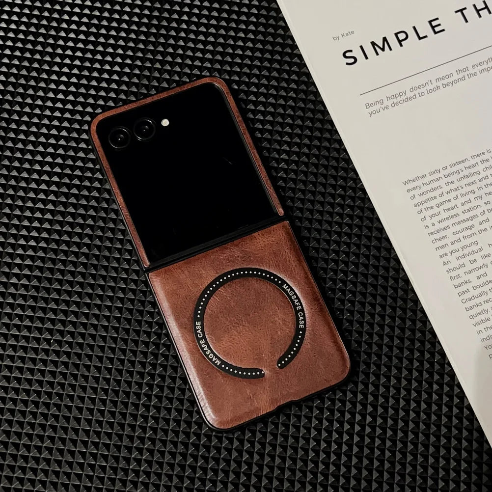 Retro Plain Vegan Leather With Magnetic Ring Case For Motorola Razr 60 Ultra razr60 Moto Razr 50 Razr+ 2024 Camera protect Cover