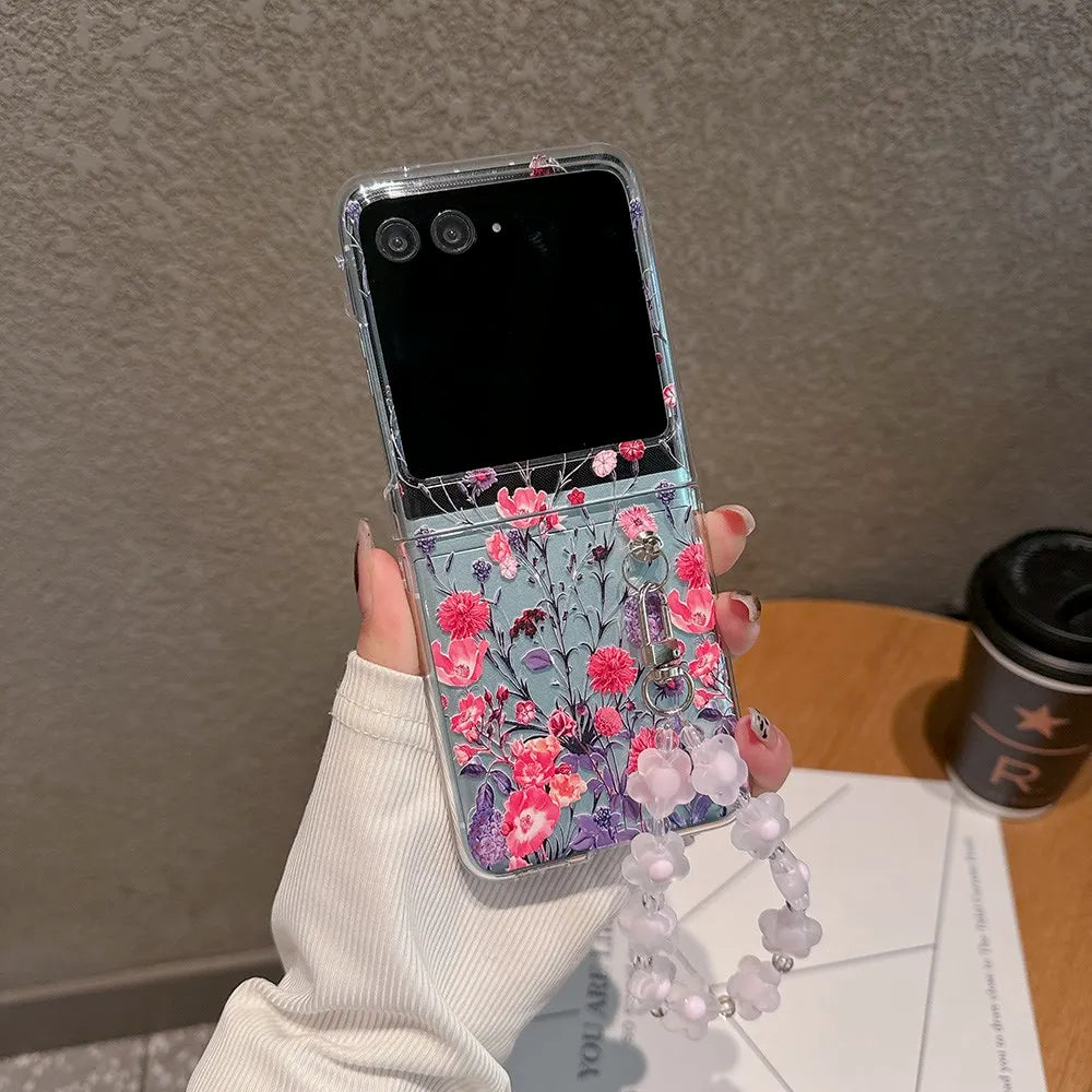 For Motorola Razr 40 50 60 Ultra Pro 60U Case Floral Transparent Folding with Bracelet Shockproof Hard PC Back Cover Accessories