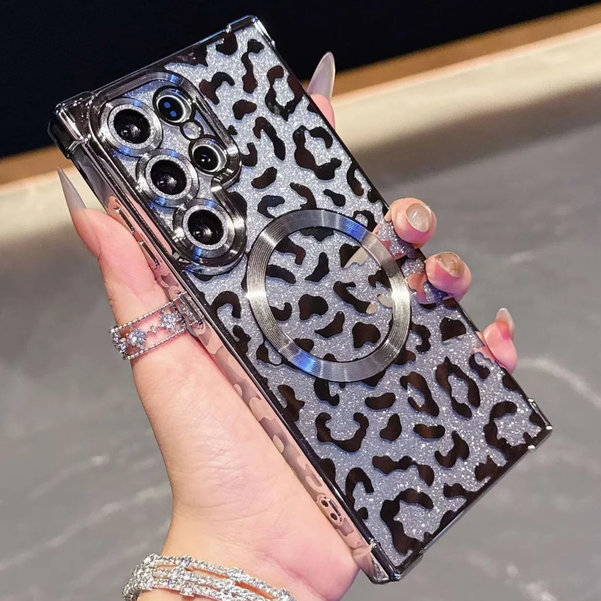 Luxury Leopard Pattern Magnetic Case For Samsung S26 Ultra S26 Plus Gradient Glitter Cover For Galaxy S25 Ultra Plating Case
