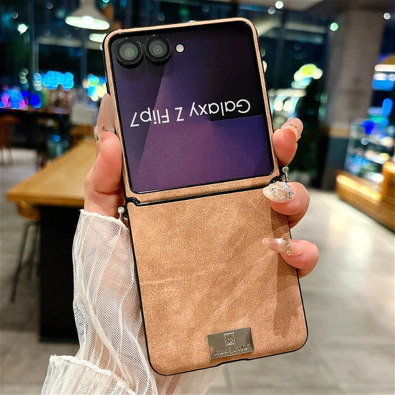 Luxury Sheepskin Leather Case with Nameplate For Samsung Galaxy Z Flip 7 6 5 4 3 5G ZFlip7 FE Fashion Back Cover With lanyard