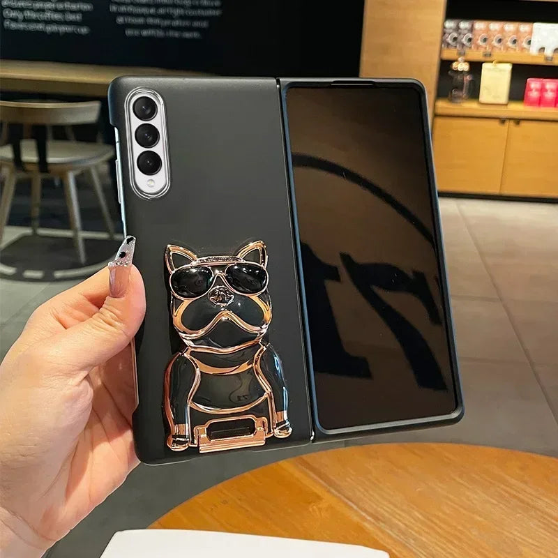 Luxury Fashion Cartoon Electroplated Dog Bracket Case For Samsung Galaxy Z Fold 7 6 5 4 3 2 5G Shockproof Matte Skin Feel Cover