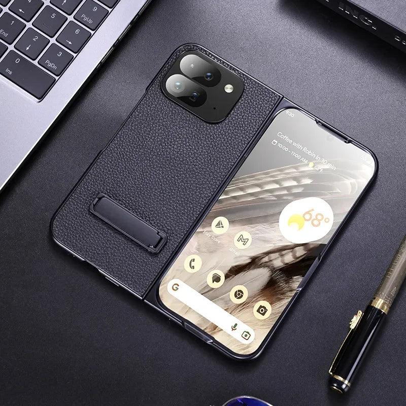 For Google Pixel 9 Pro Folding Case ELVEV Luxury PU Leather + TPU Camera Protection Cover with Metal Kickstand