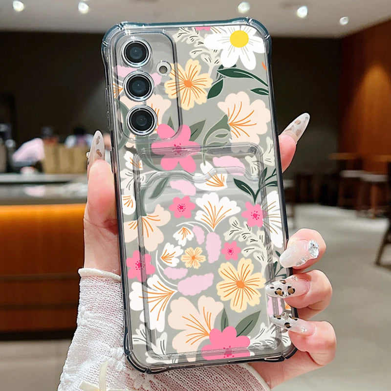 Flower Card Bag Wallet Clear Case For Samsung Galaxy S25 S24 S22 Ultra S23 S21 FE A55 A54 A35 A25 A15 A16 5G A06 TPU Phone Cover
