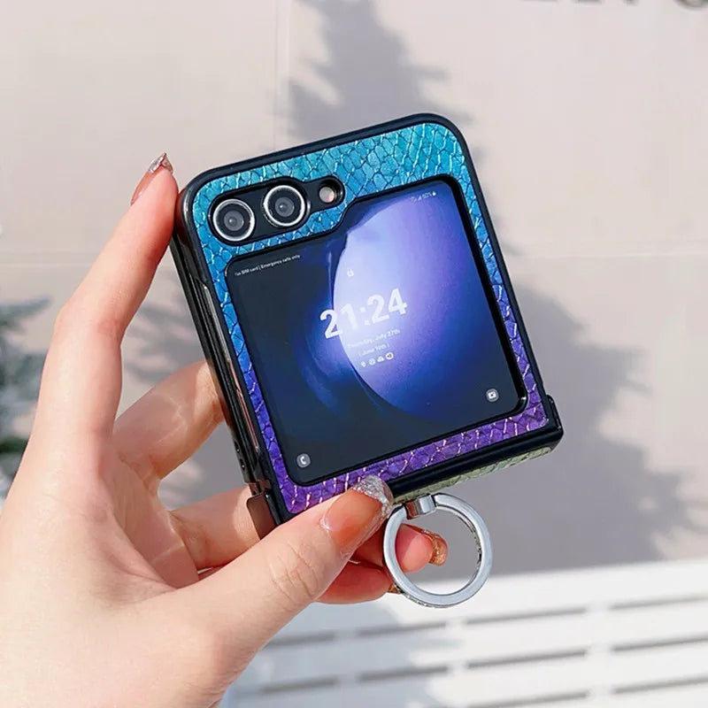 Fashion Gradient Color Cute Ring Phone Case For Samsung Galaxy Z Flip 5 4 3 Flip4 Flip3 Flip5 5G Leathers Hinge Protective Cover