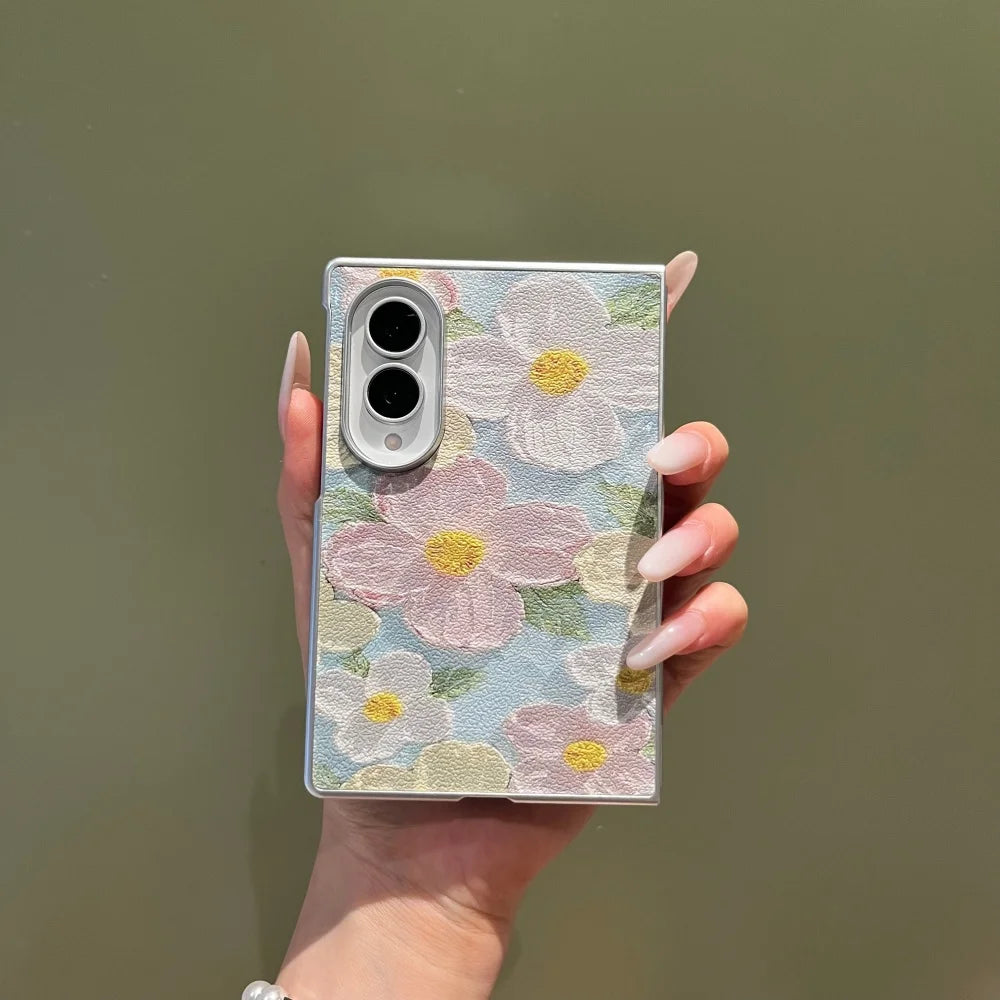 Plating Oil Painting Colorful Flower PU Leather Case for Samsung Galaxy Z Fold 8 Ultra Shockpoof Cover for zfold8 Wide Shell