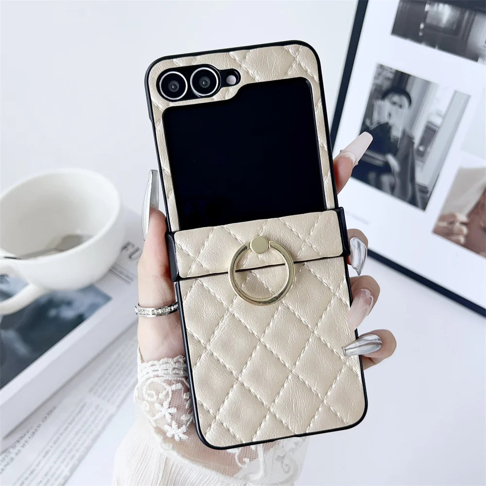 Leather Finger Ring Buckle Case For Samsung Galaxy Z Flip 6 5 4 3 Grid Pattern Stand Holder Shockproof For Galaxy Flip 6 Cover