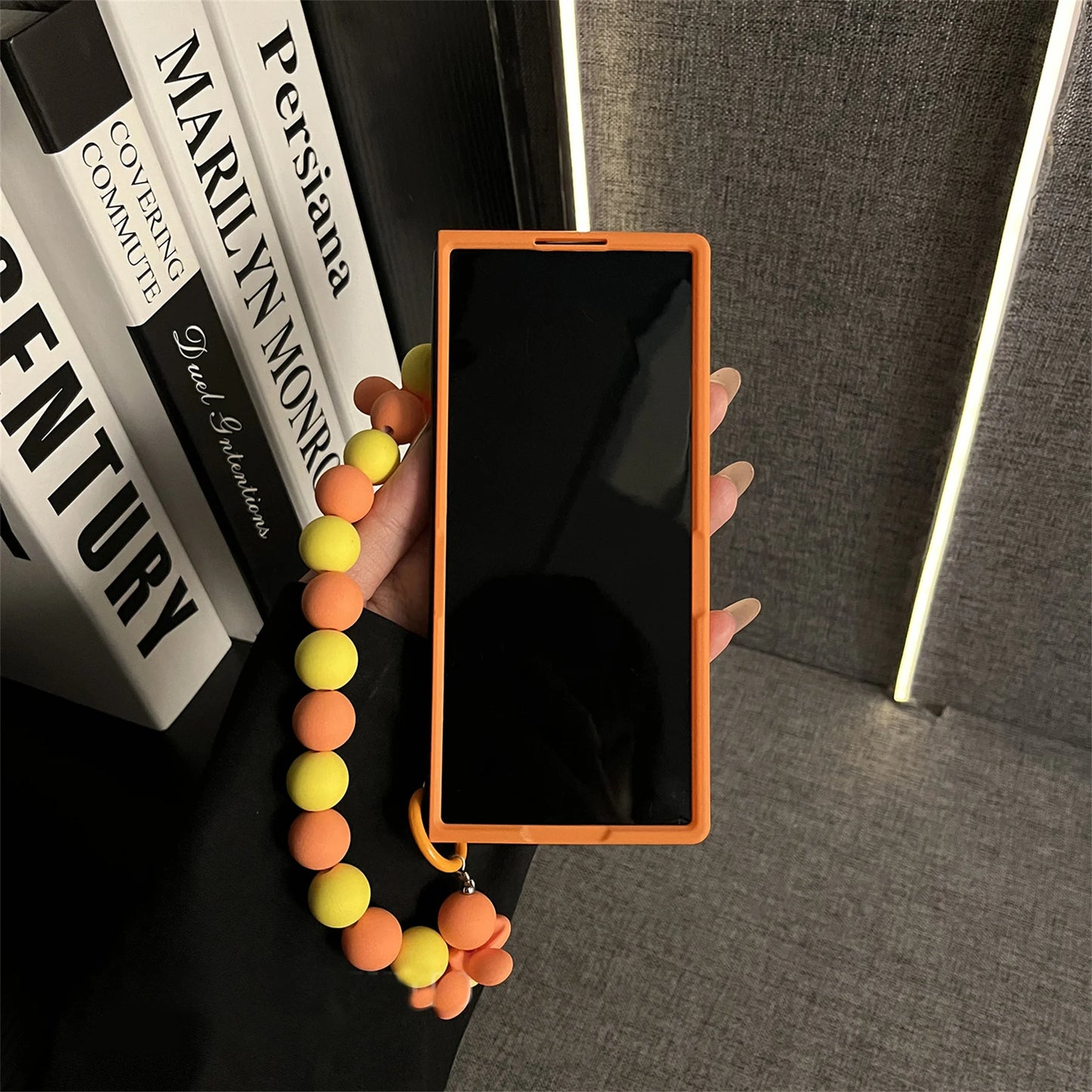 Ins Hot Orange Flower Phone Case with Beads Bracelet for Samsung Galaxy Z Fold 7 Z Fold6 Fold5 Fold7 Back Cover