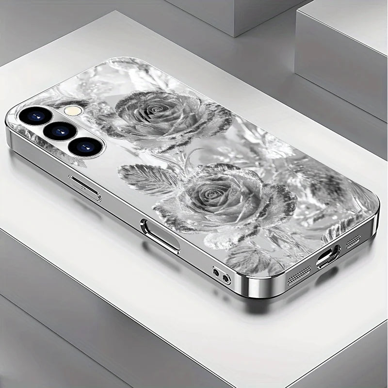 Gold-plated tempered glass phone case, compatible Galaxy S26 S25 S24 S23 S22 Ultra Plus. Features a silver rose design.