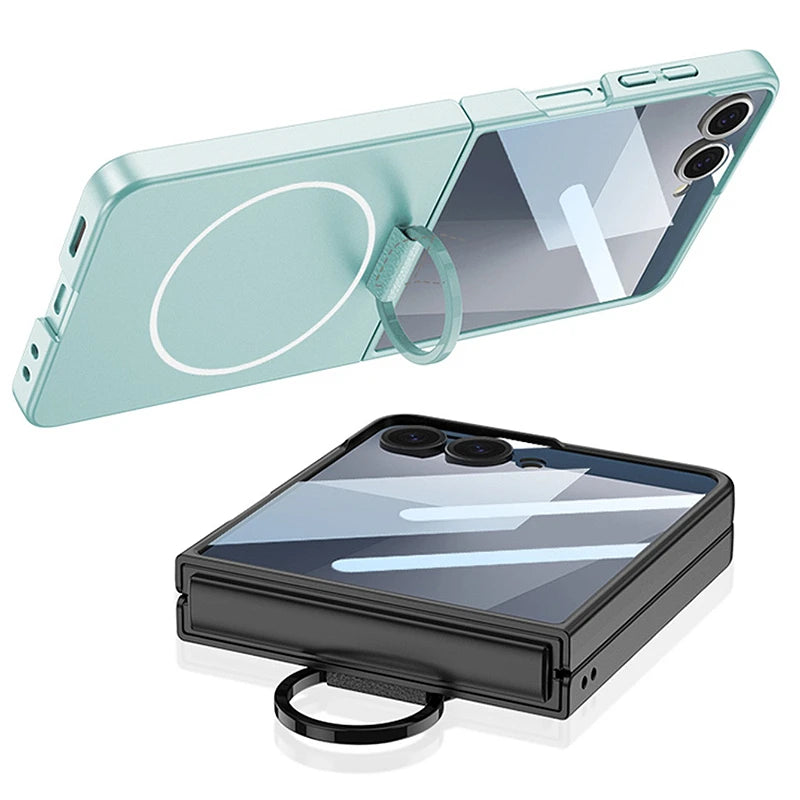 Luxury Magnetic Integrated Case With Ring For Samsung Galaxy Z Flip 7 ZFlip7 2-piece Set With Film For Magsafe Back Cover Funda
