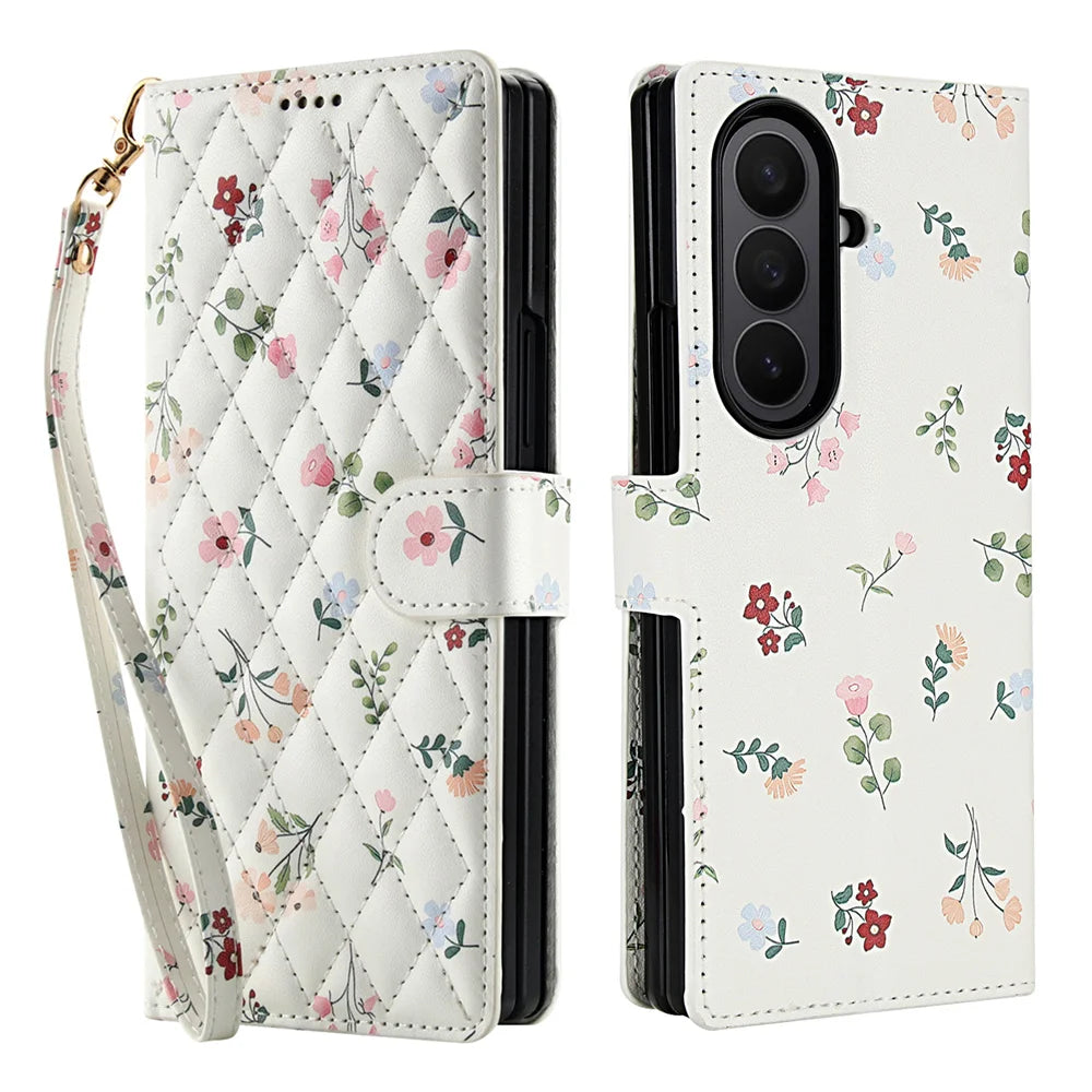 Luxury White Leather Colorful Flowers Wallet Flip Phone Case For Samsung Z Fold 7 6 5 4 5G Soft Wrist Strap Shockproof Cover