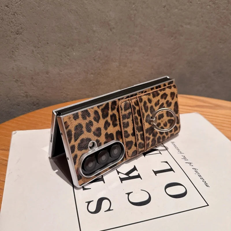 Fashion Leopard Print Magnetic Phone Case For Samsung Z Fold 7 6 5 4 ZFold5 Fold7 Cover with Magsafe Card Slot Holder Cute Cases