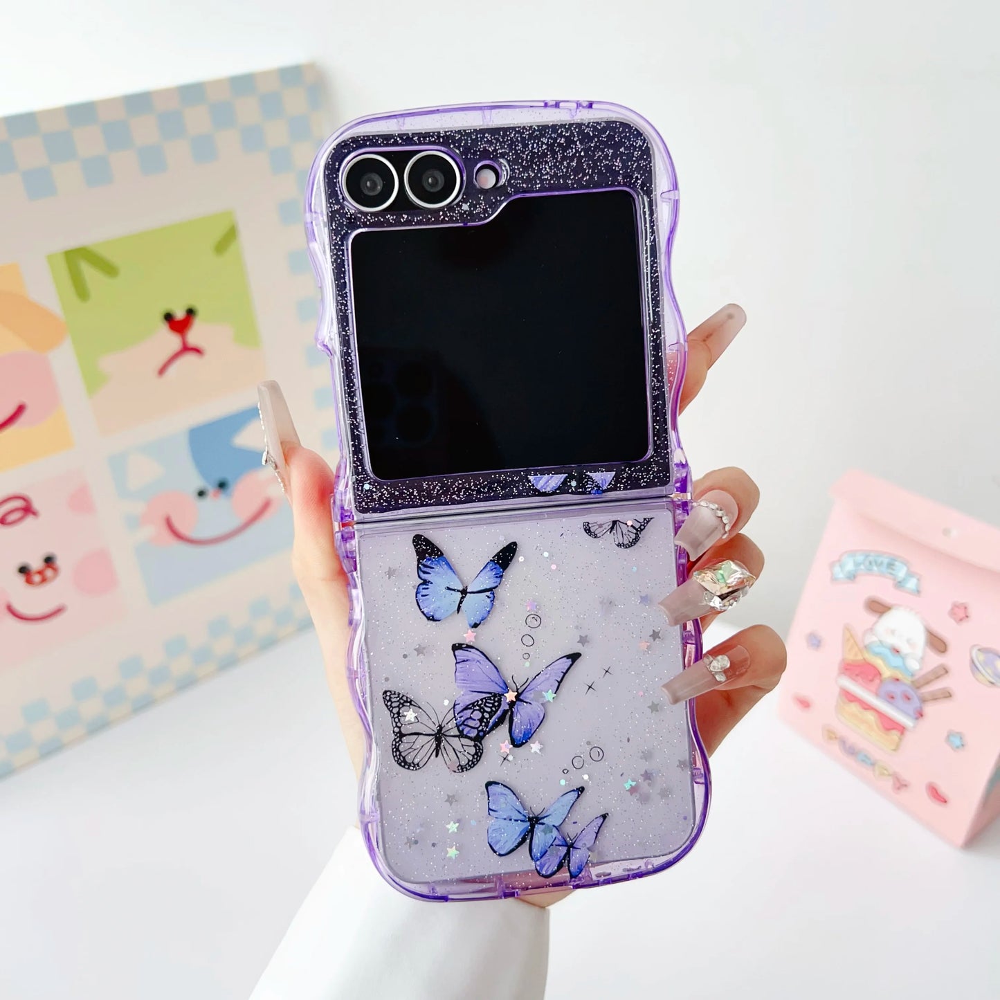 Butterfly Glitter Transparent Wavy Edge Silicone Case For Samsung Galaxy Z Flip 6 5 4 3 Sparkling Sequins Shockproof Phone Cover