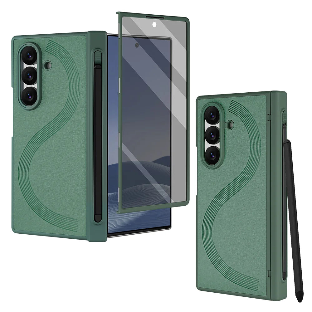 PU Leather Glass Film Pen Slot with Pen Phone Case for Samsung Galaxy Z Fold 7 6 Fold6 Fold7 Hinge Protection Cover