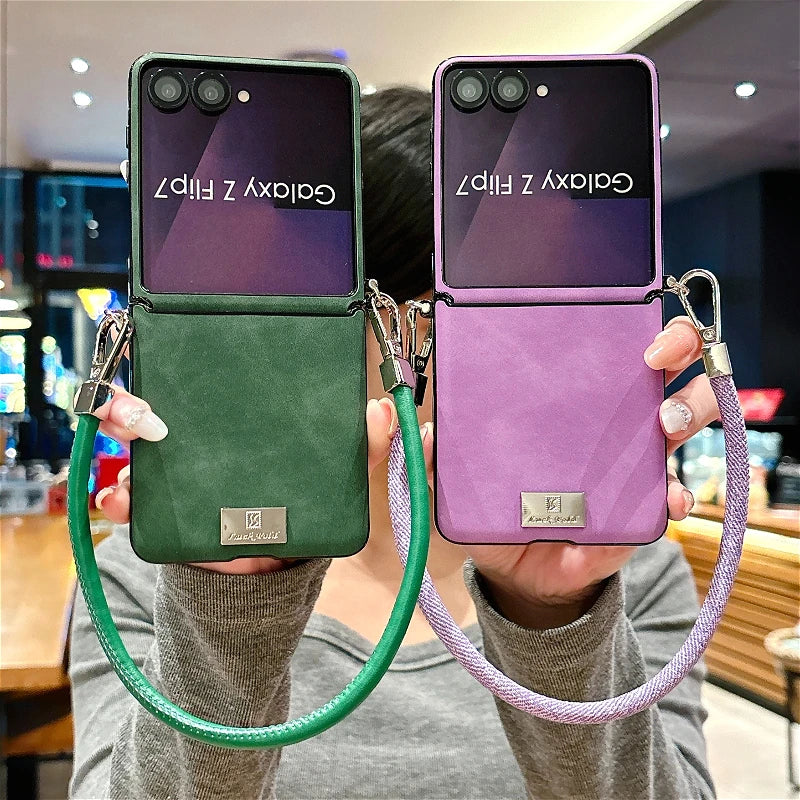 Luxury Sheepskin Leather Case with Nameplate For Samsung Galaxy Z Flip 7 6 5 4 3 5G ZFlip7 FE Fashion Back Cover With lanyard
