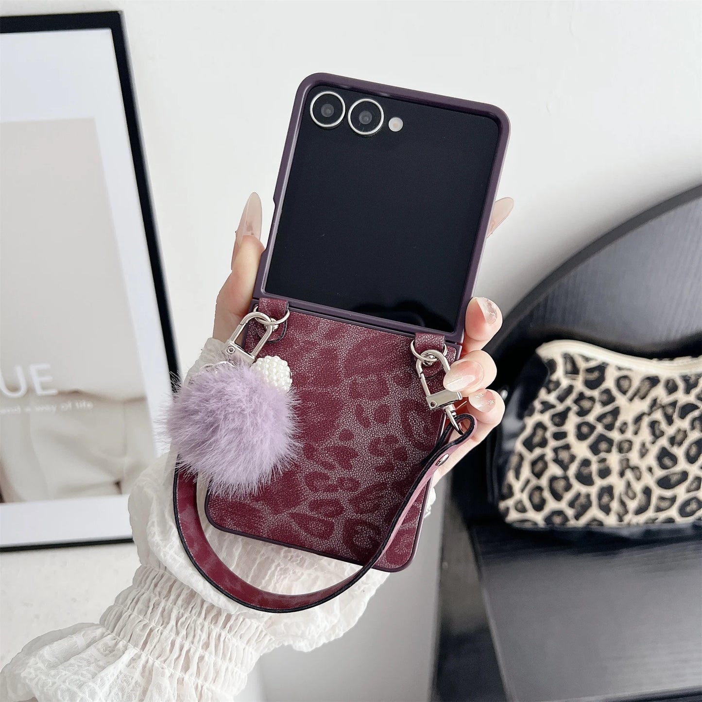 Luxury Classics Leopard Print Phone Case with Hairball Strap for Samsung Galaxy Z Flip 7 Z Flip7 ZFlip 7 Zflip7 Back Cover