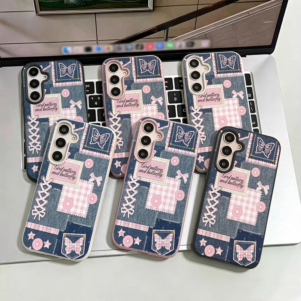 Phone Case for Samsung Galaxy S26 S25 S23 Ultra S24 FE A57 A56 A55 A54 A53 A16 5G A07 A06 A15 4G Cases Denim Patchwork Butterfly