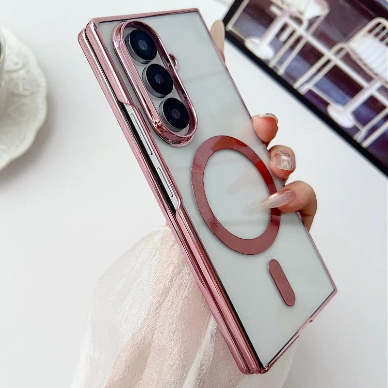 Electroplated Transparent Magnetic Case For Samsung Galaxy Z Fold 3 4 5 6 7 ZFold7 Fold6 5G Plating Clear Shockproof Back Cover